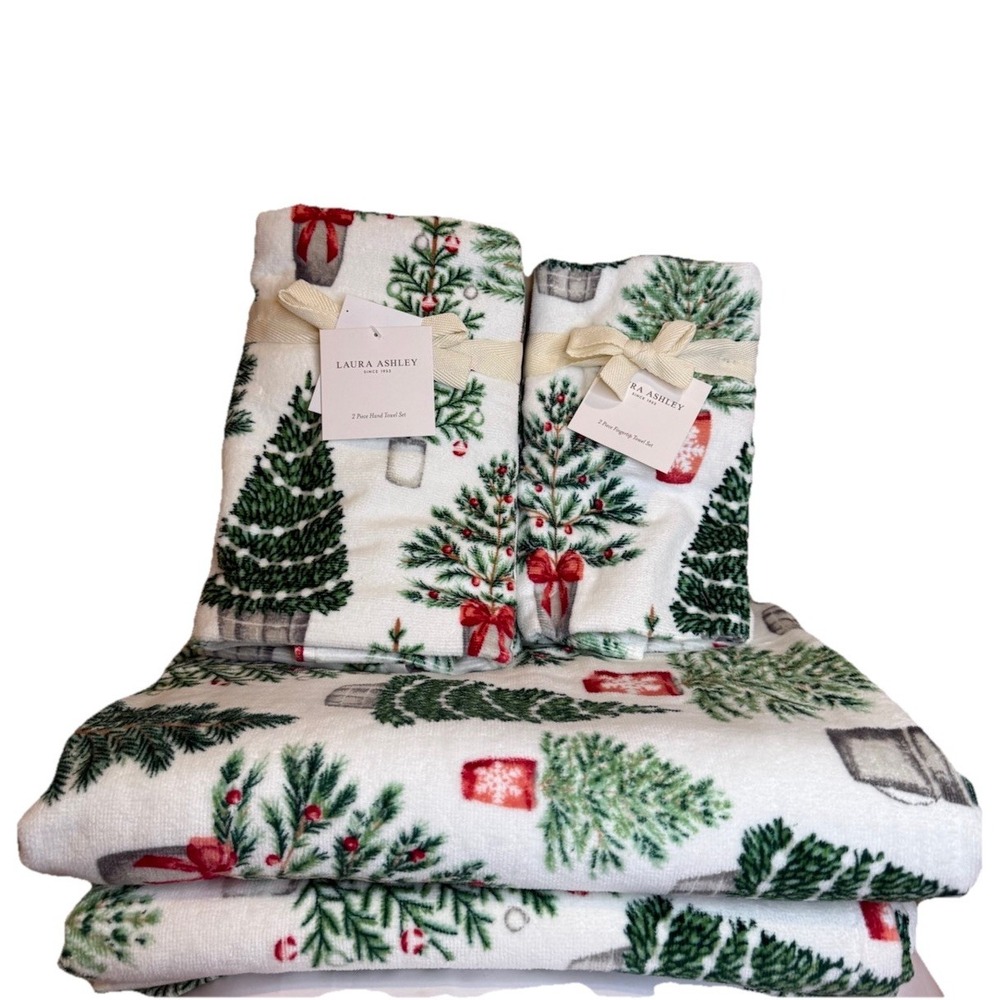 Laura Ashley 6 Piece Bathroom Towel Set Holiday Trees 100% Cotton Velour NEW